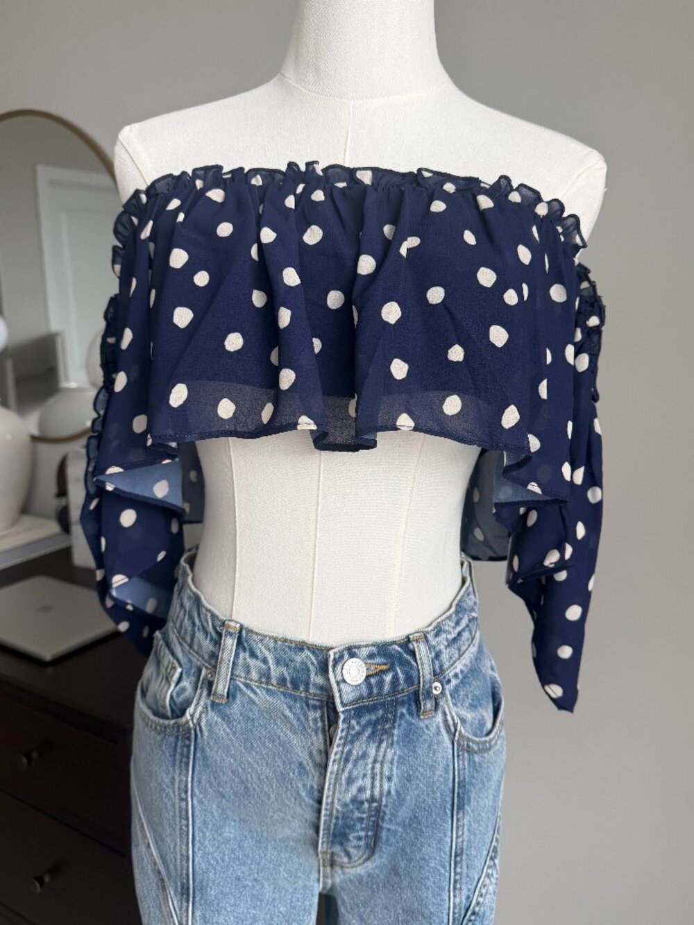 LPA Navy Polka Dot Ruffle Off-Shoulder Top